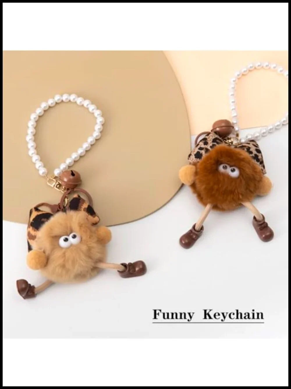 Kawaii Plush Keychains for Women, Leopard Bow Pom Pom Bag Charms with Pearl